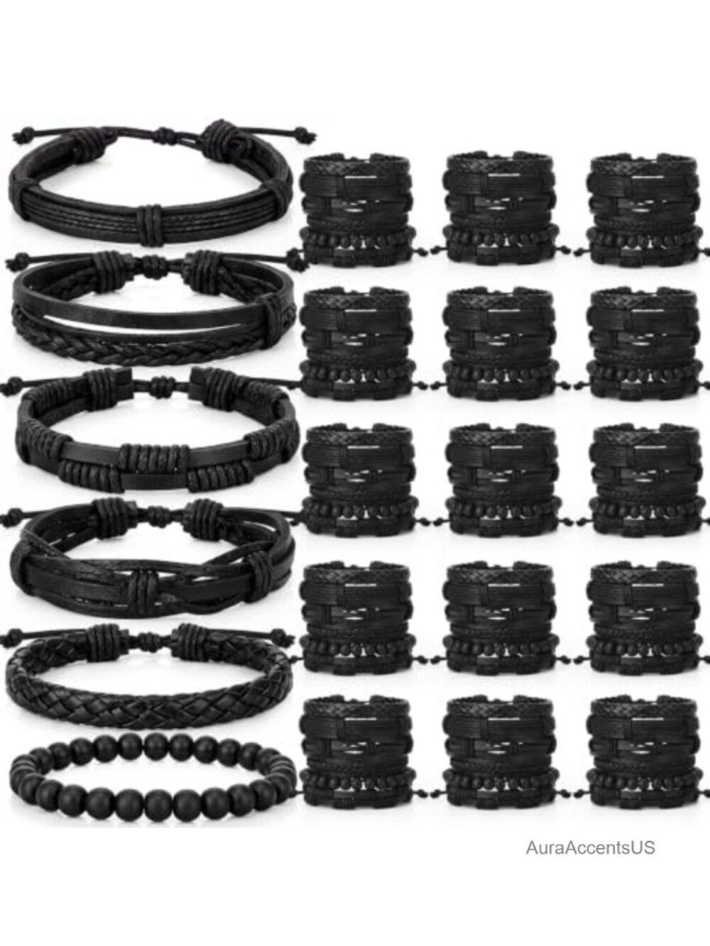 Braided Leather Bracelets for Men Women, Wood Bead Cuff Wristband Set,